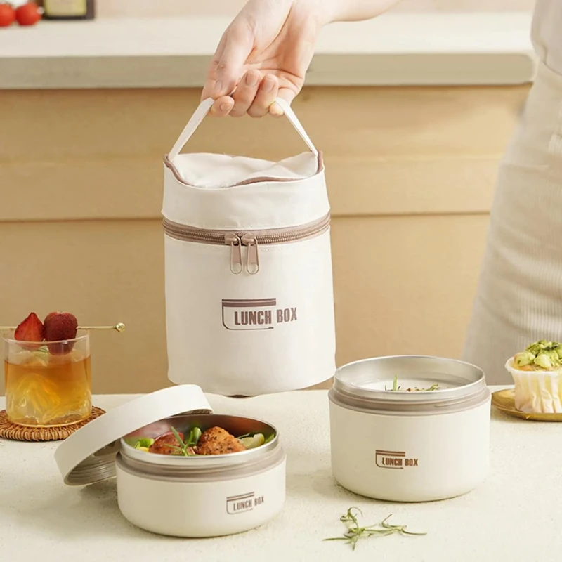 لانچ باکس استوانه‌ای 3 تکه کیف‌دار – ست ظرف غذای عایق